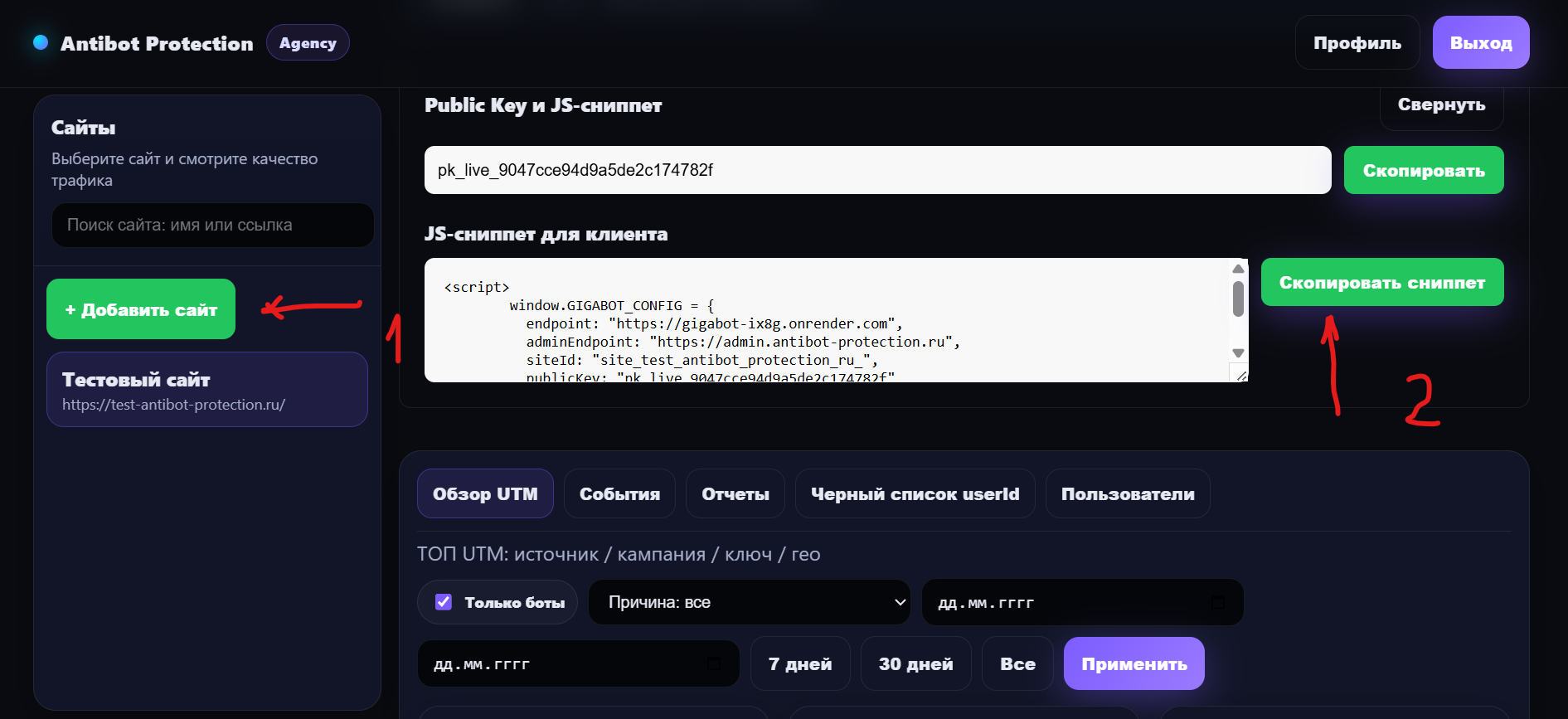 Шаг установки сниппета антибота на сайт